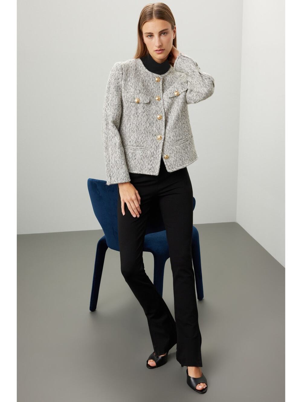 DEREK LAM COLLECTIVE Gray Gold Button Front Zip Up Sleeve Tweed Jacket Size 40
